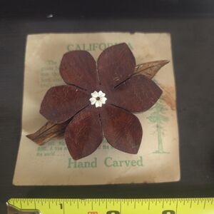 Vtg. Sequoia burl wood carved brooch from California.